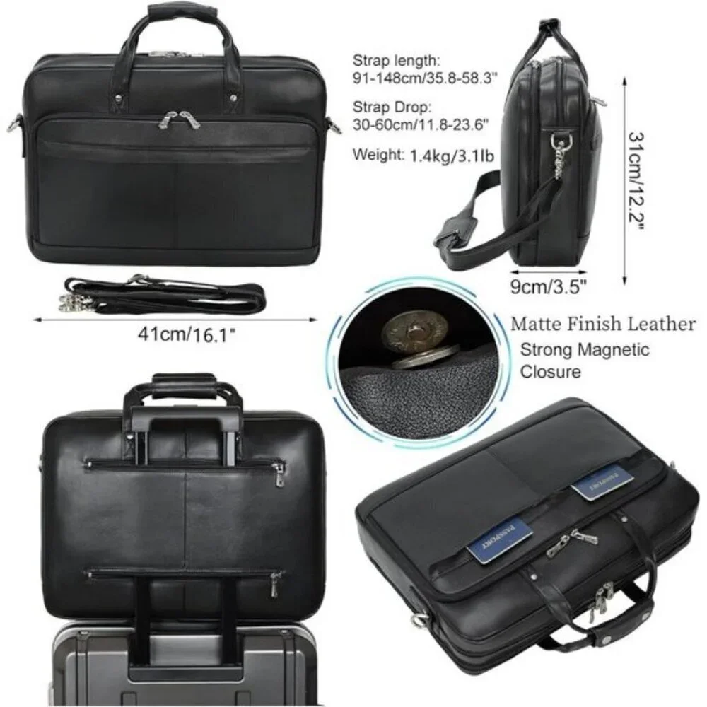 ⚡Men Black Fits 15.6 Inch Laptop Crossbody Bag Attached Leather Briefcase